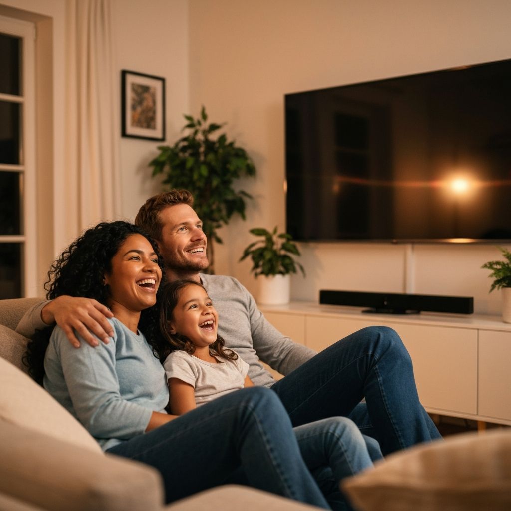 Família feliz assistindo TV juntos